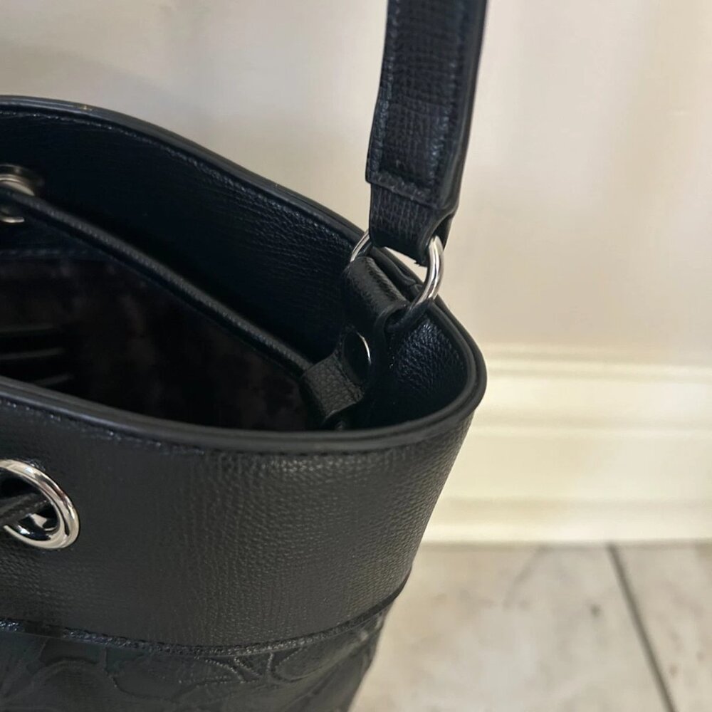 Karl Lagerfeld Paris Black Bucket Bag Floral Embossed Drawstring Shoulder 9X9" - Picture 5 of 8